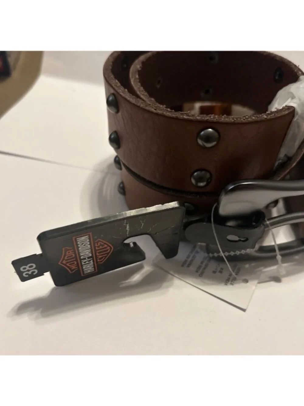Harley Davidson Brown Leather Studded Belt Men's Size 38 Gunmetal Buckle Biker